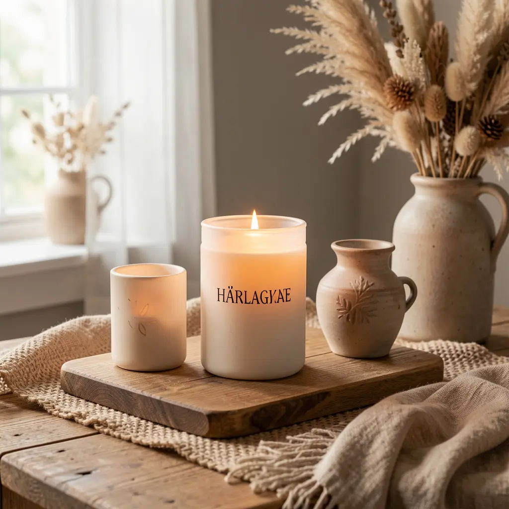 Håndlagde duftlys på trebord med naturlig dekor